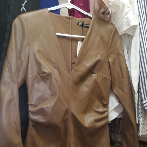 Zara Faux Leather Spandex Tan Fitted Dress - Picture 4 of 5
